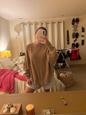 aerie Relaxed Ribbed Crewneck Sweater - Camel